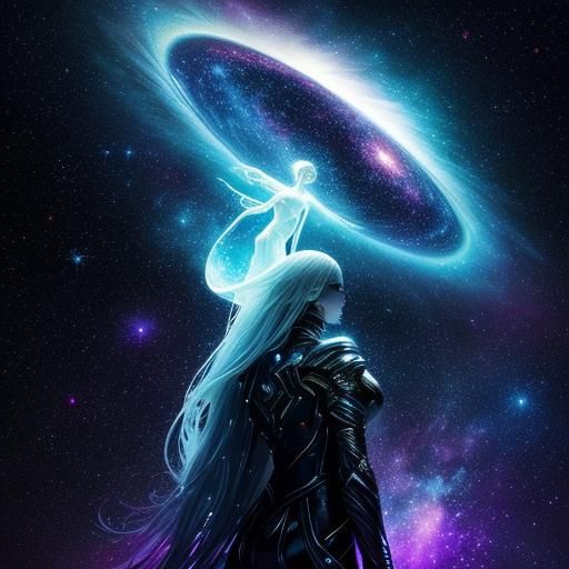 pure white light in the form of a woman, climbing out of a black liquid.
side view, far shot.
galaxy as backdrop.
intricate details, surreal