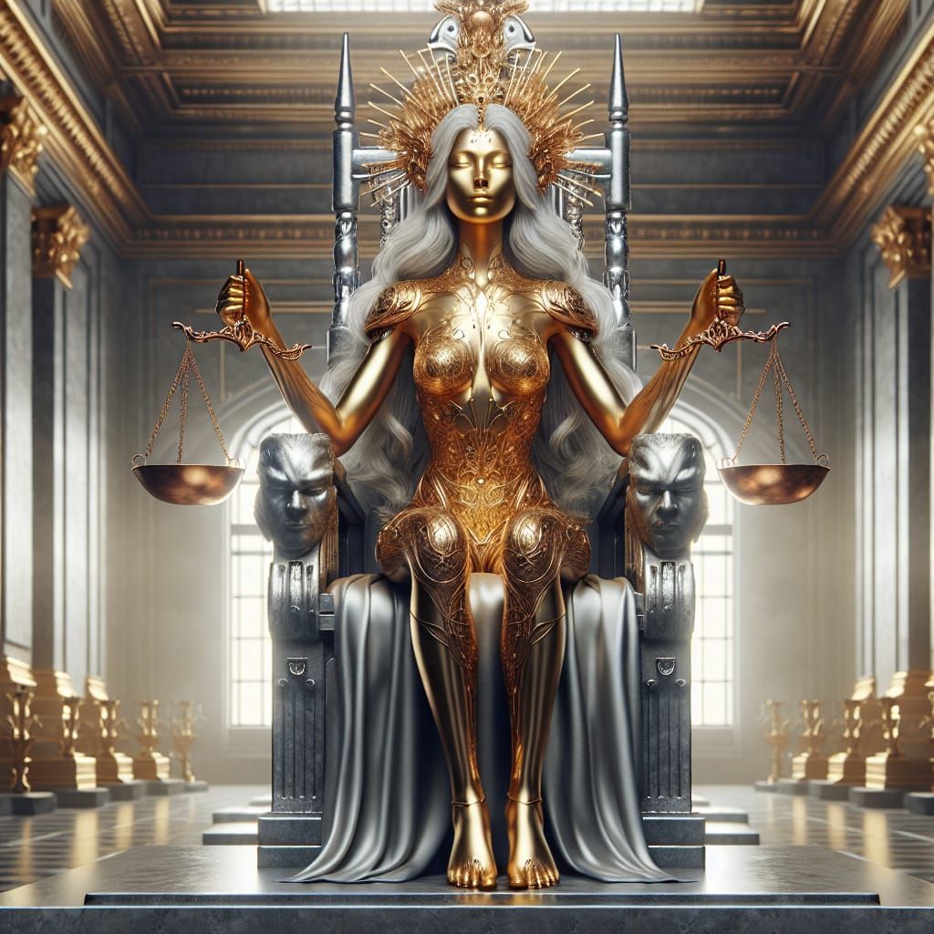 A goddess skin is gold, hair is silver holding a scale made of copper. In a large vault room sitting on a royal throne
