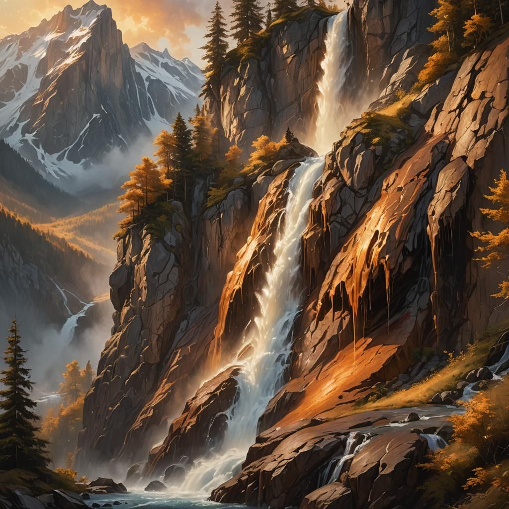 a mountain made of bronze, waterfall, bronze, beautiful, striking, beautiful, masterful painting