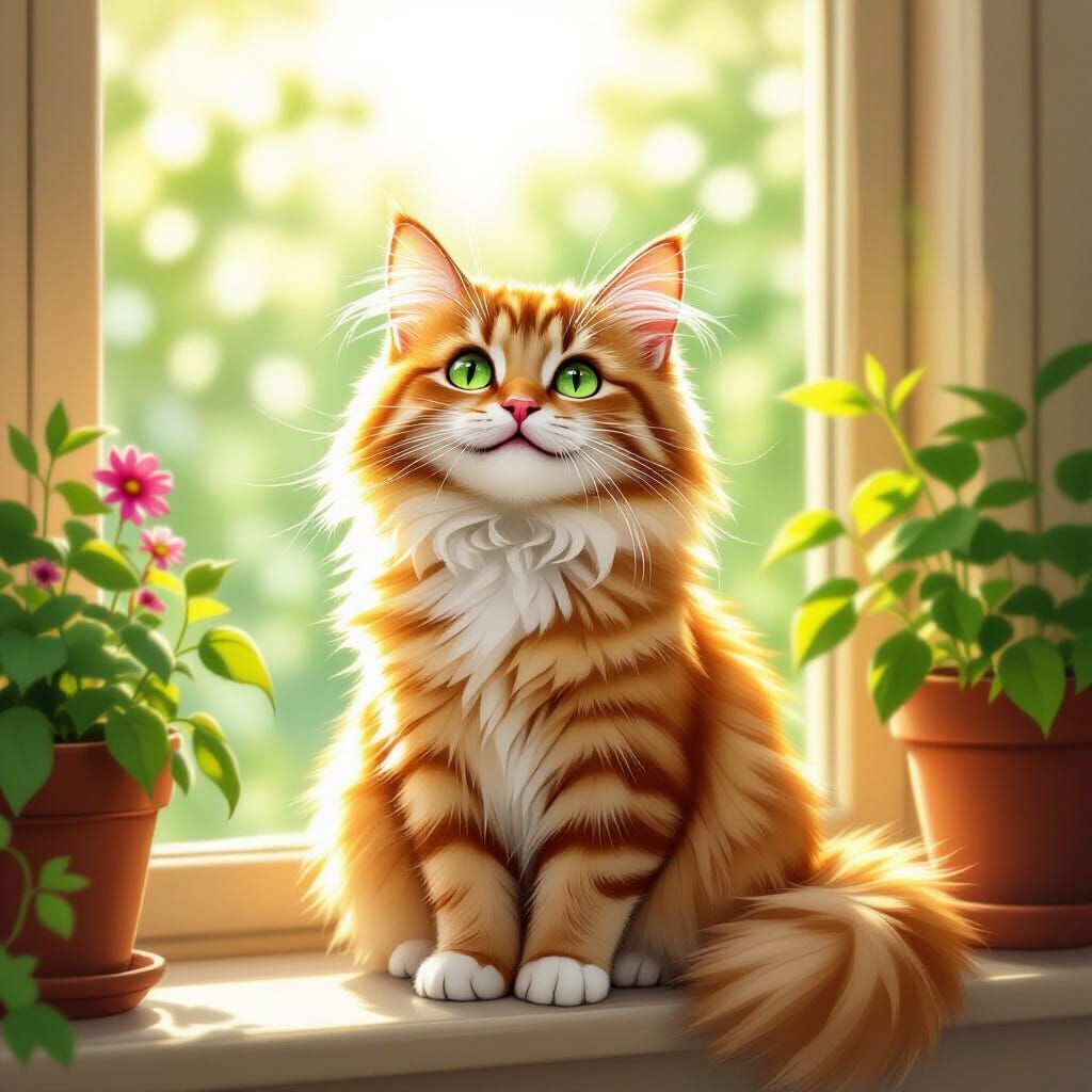 Fluffy Ginger Cat Grinning on Sunlit Windowsill
