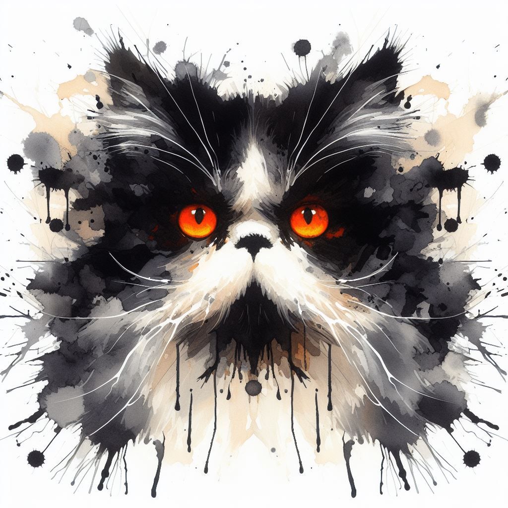 Rorschach inkblot art, a black and white Persian cat with striking orange eyes