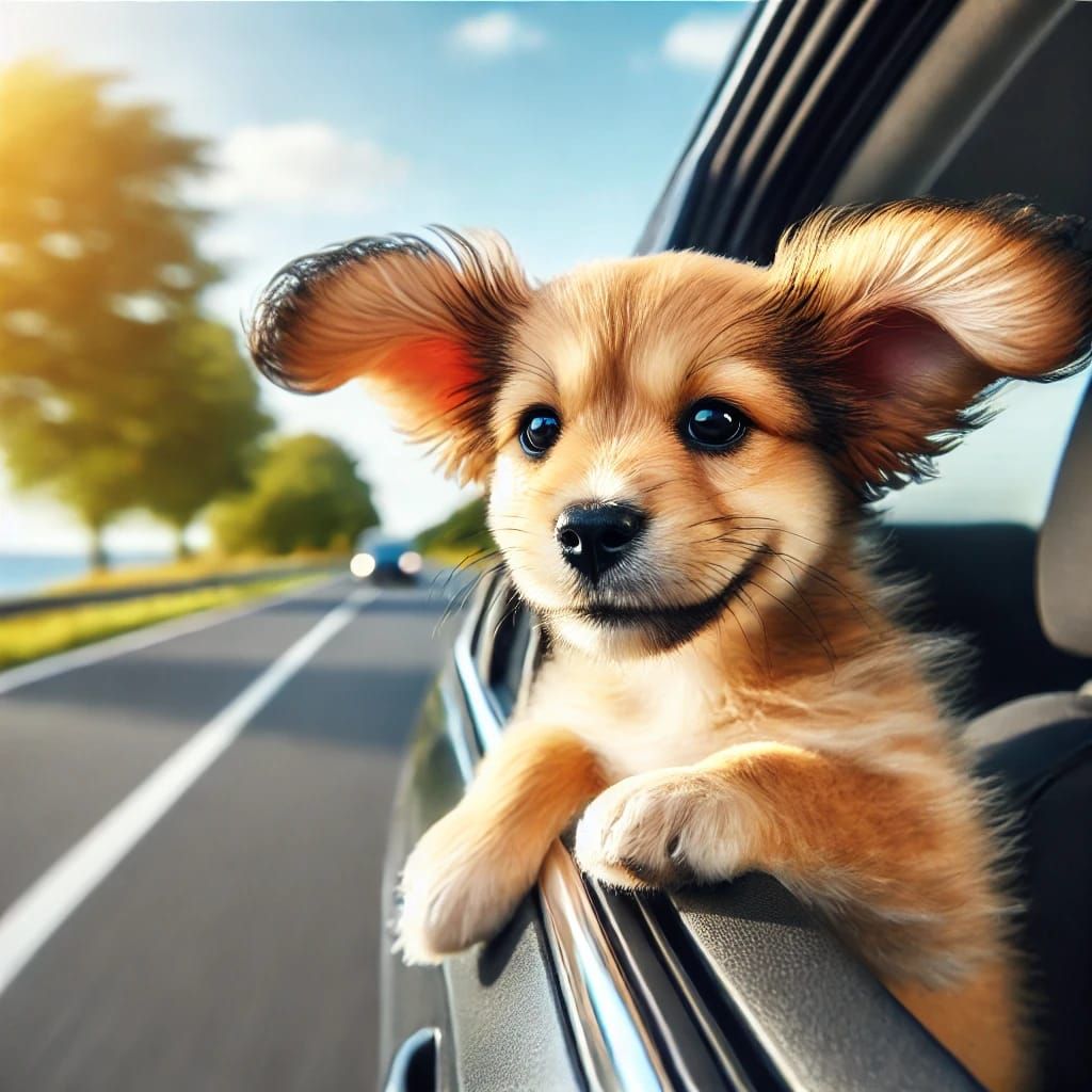 A cute puppy in a car, looking out of the window during the ...