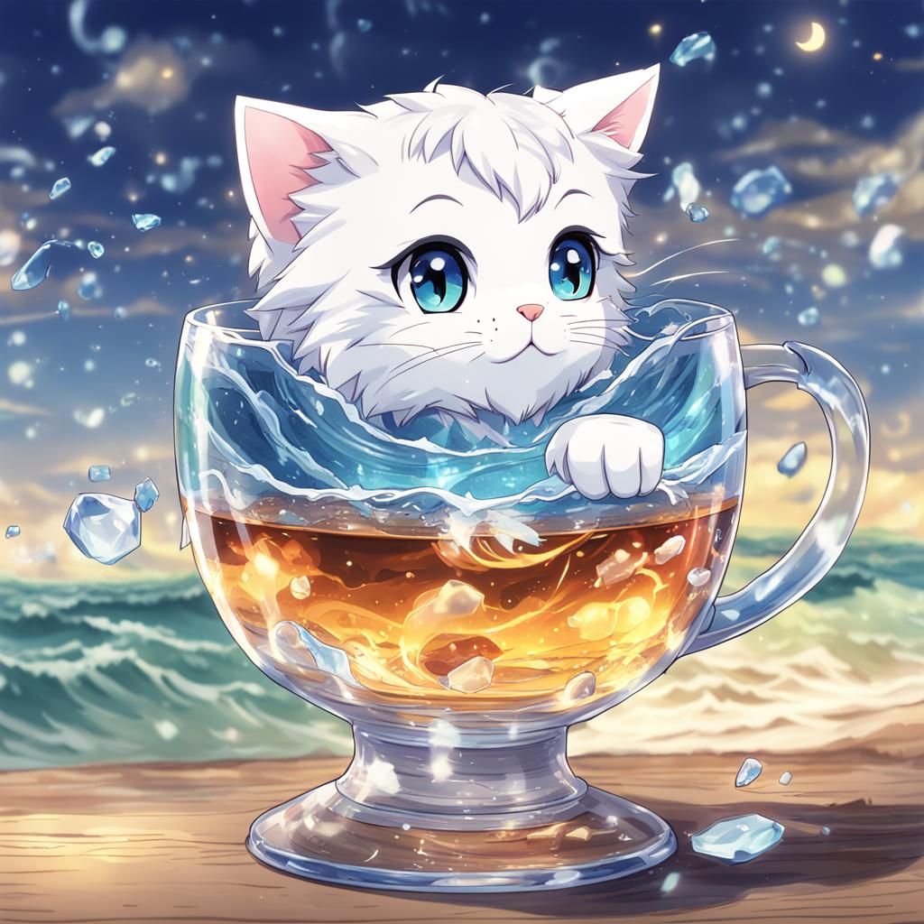 A glass kitten in a class cup. There are waves in the cup. b...