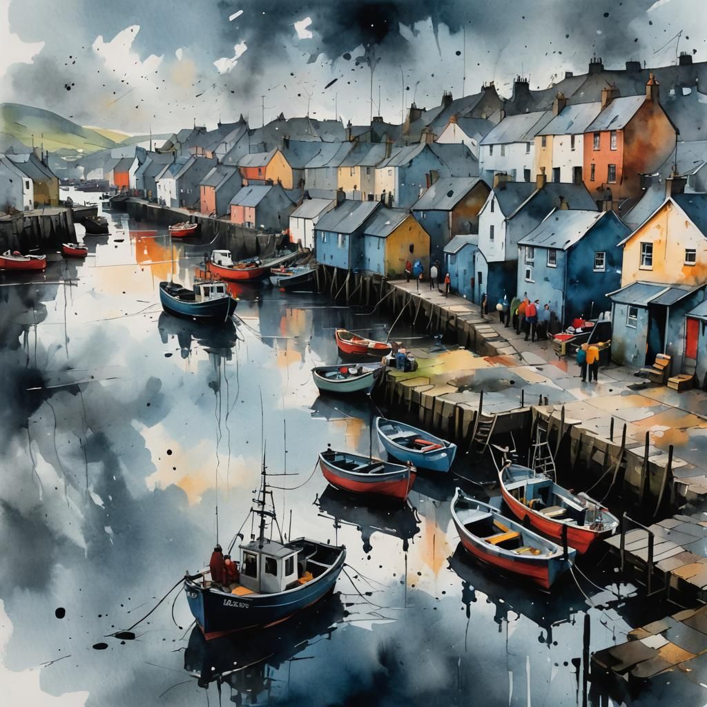 Ink Splatter art, Scotland fishing village   by @Witty Dragon 