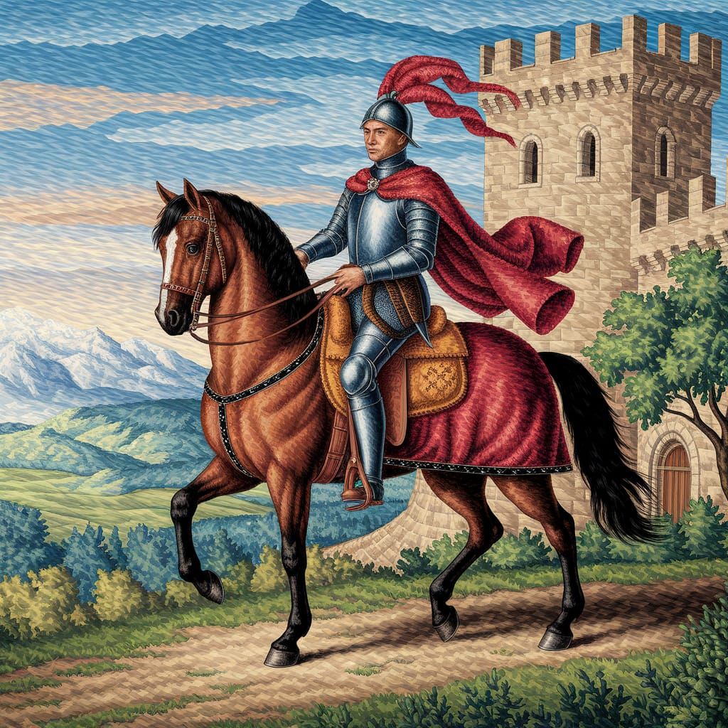 A pointilism style masterpiece of a Knight in the 1200s riding a powerful horse outside of a castle

