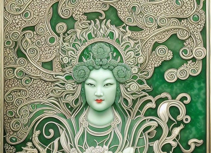 Jade and Emerald Temple Carving in Art Deco Style