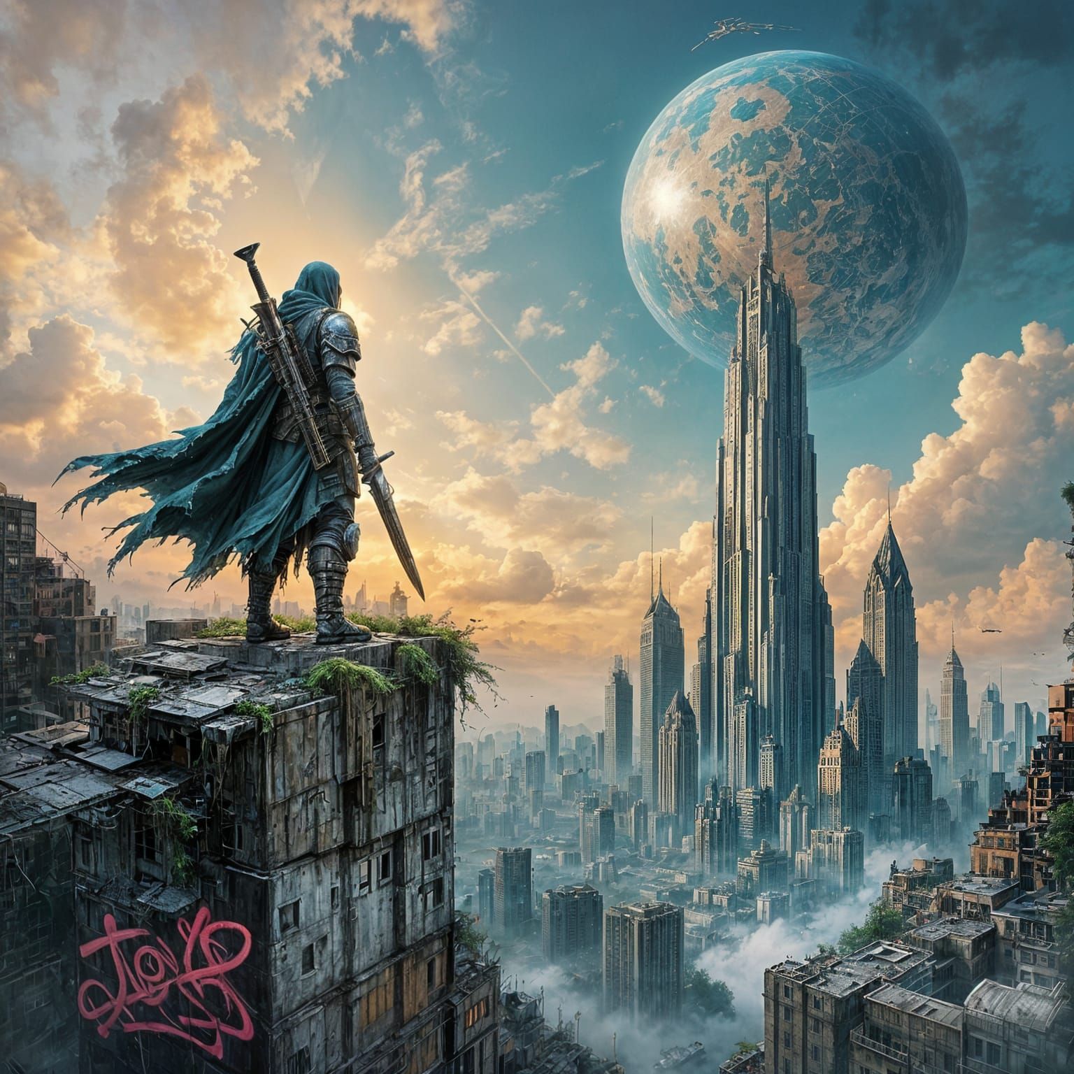 Street art mural. A lone elf warrior stands on a crumbling, overgrown skyscraper, gazing at a vast, cosmic cityscape below. The city is a ru...