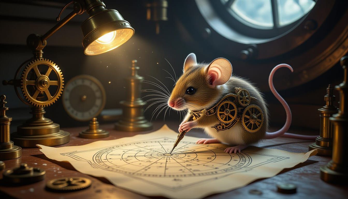 A steampunk raccoon inventor, clad in goggles and a leather apron, tinkering with a complex contraption in his cluttered workshop. The works... - Start Image 2