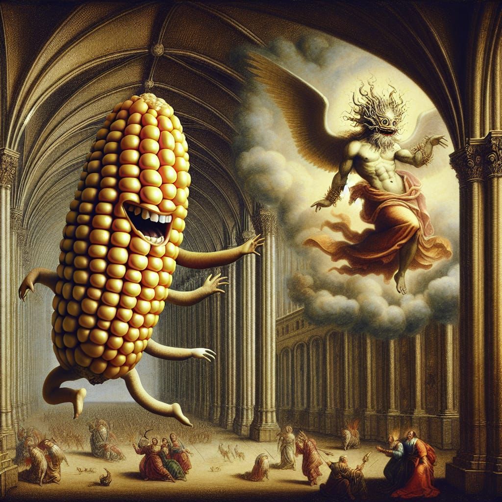 An anthropomorphic Corncob God Dirty Dancing with a Creature...