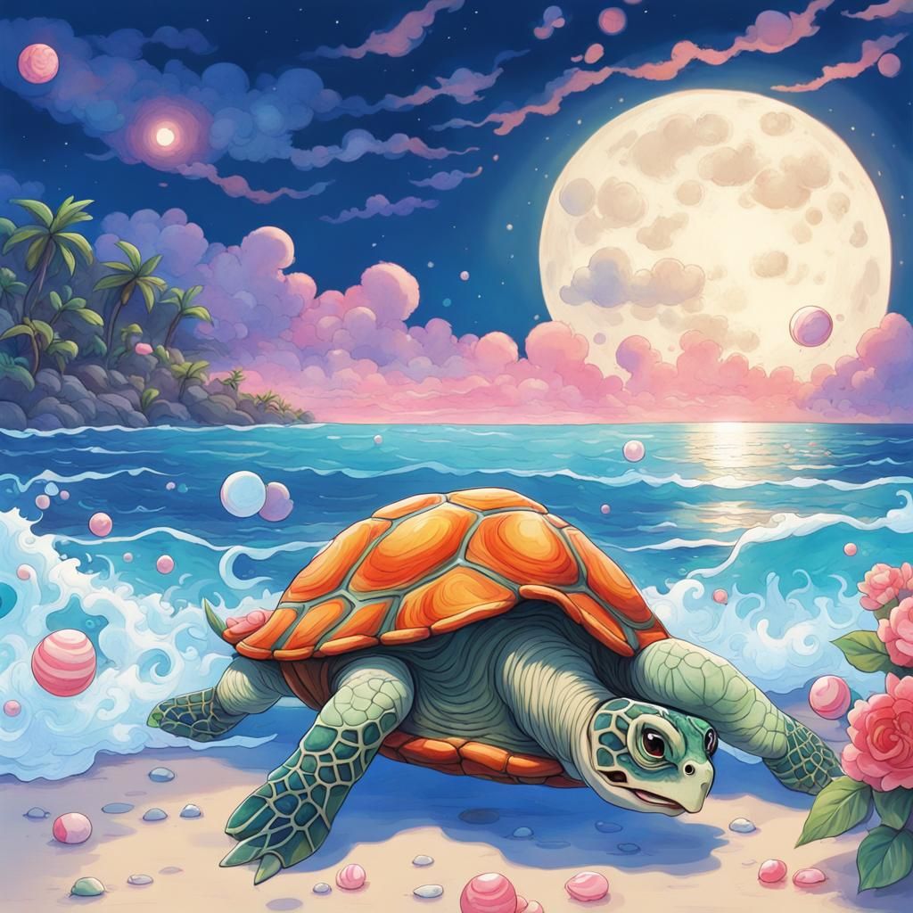 During the full moon, a turtle comes out of the sea and onto the beach ...