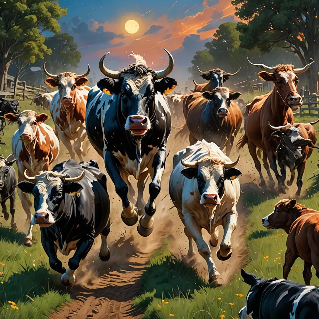 Hyperrealistic Moonlit Pasture Scene with Cows and Dog