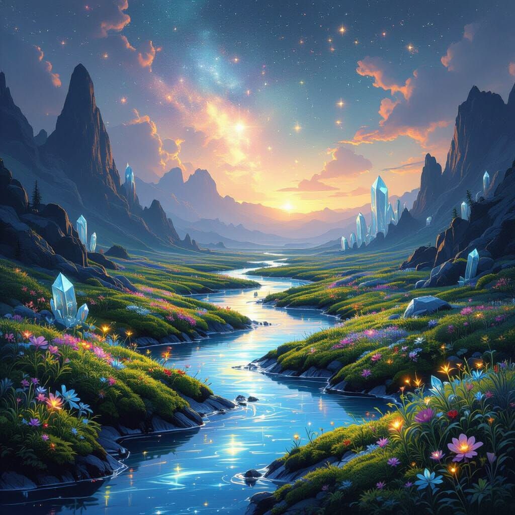 An ethereal landscape where rivers of liquid starlight flow through valleys carpeted with softly glowing, bioluminescent moss and flowers. C...