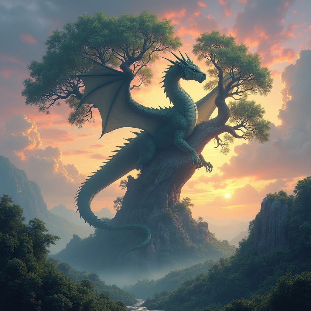 Majestic Dragon Amidst Vibrant Emerald Foliage in a Dreamlik...