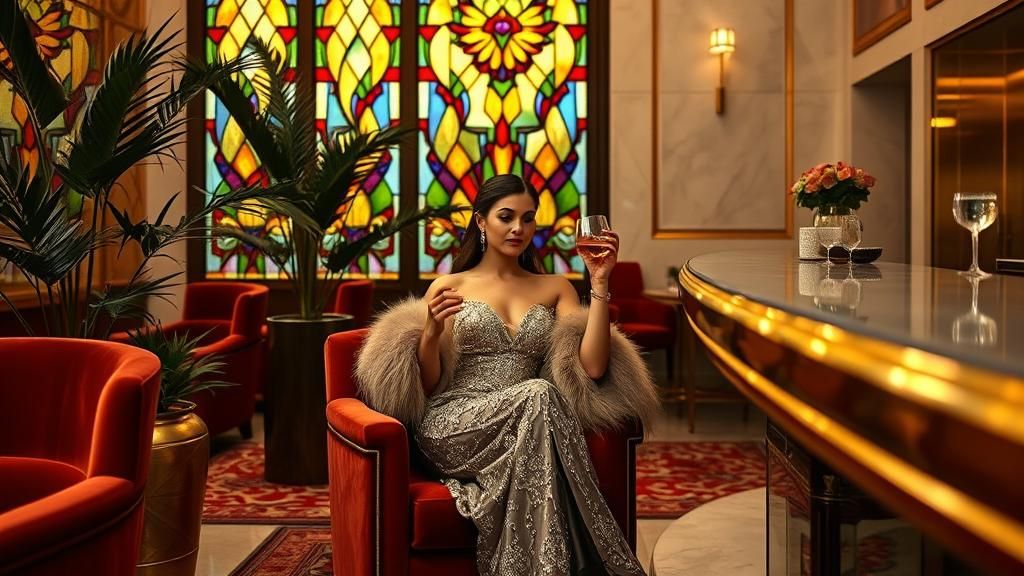 Cozy corner of a luxurious New York hotel lobby during a New Year's Eve