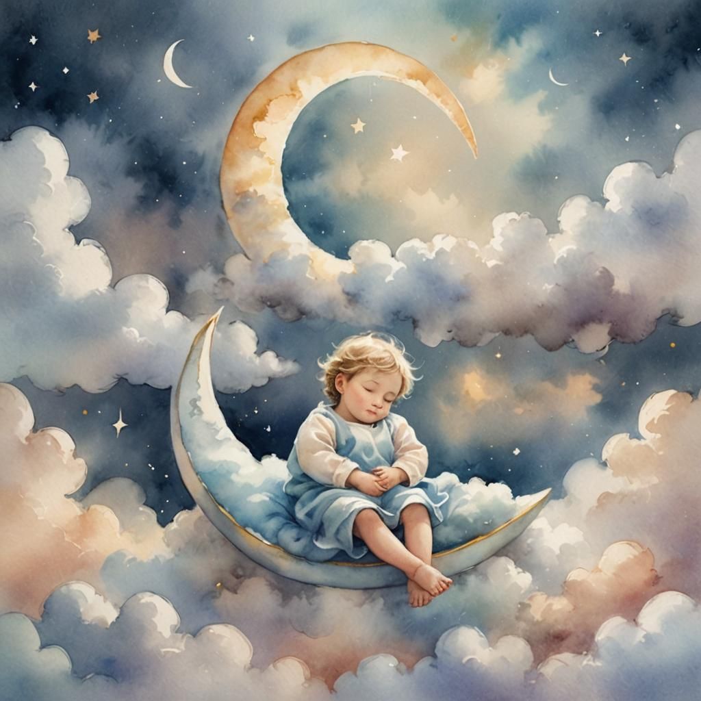 Sleeping Child on Crescent Moon in Pastel Watercolor