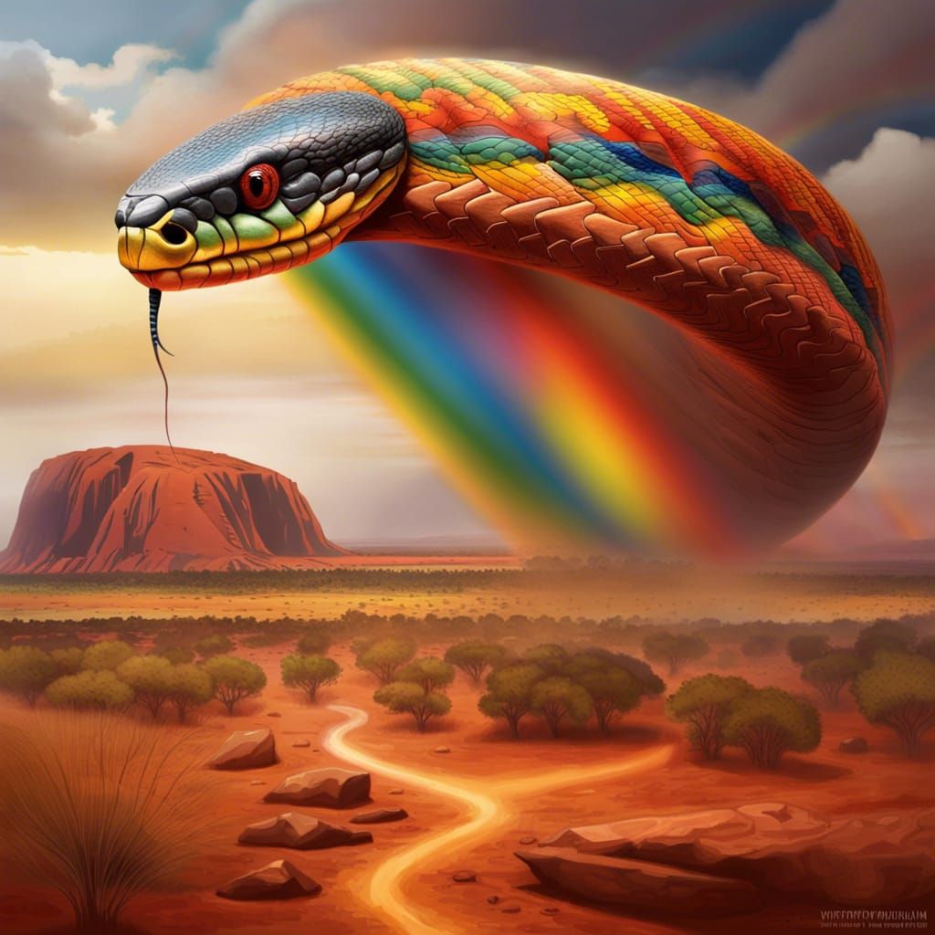 The rainbowsnake from the Aboriginal Australians mythology flys above Uluru the Ayers Rock mountain  by @Daisuky