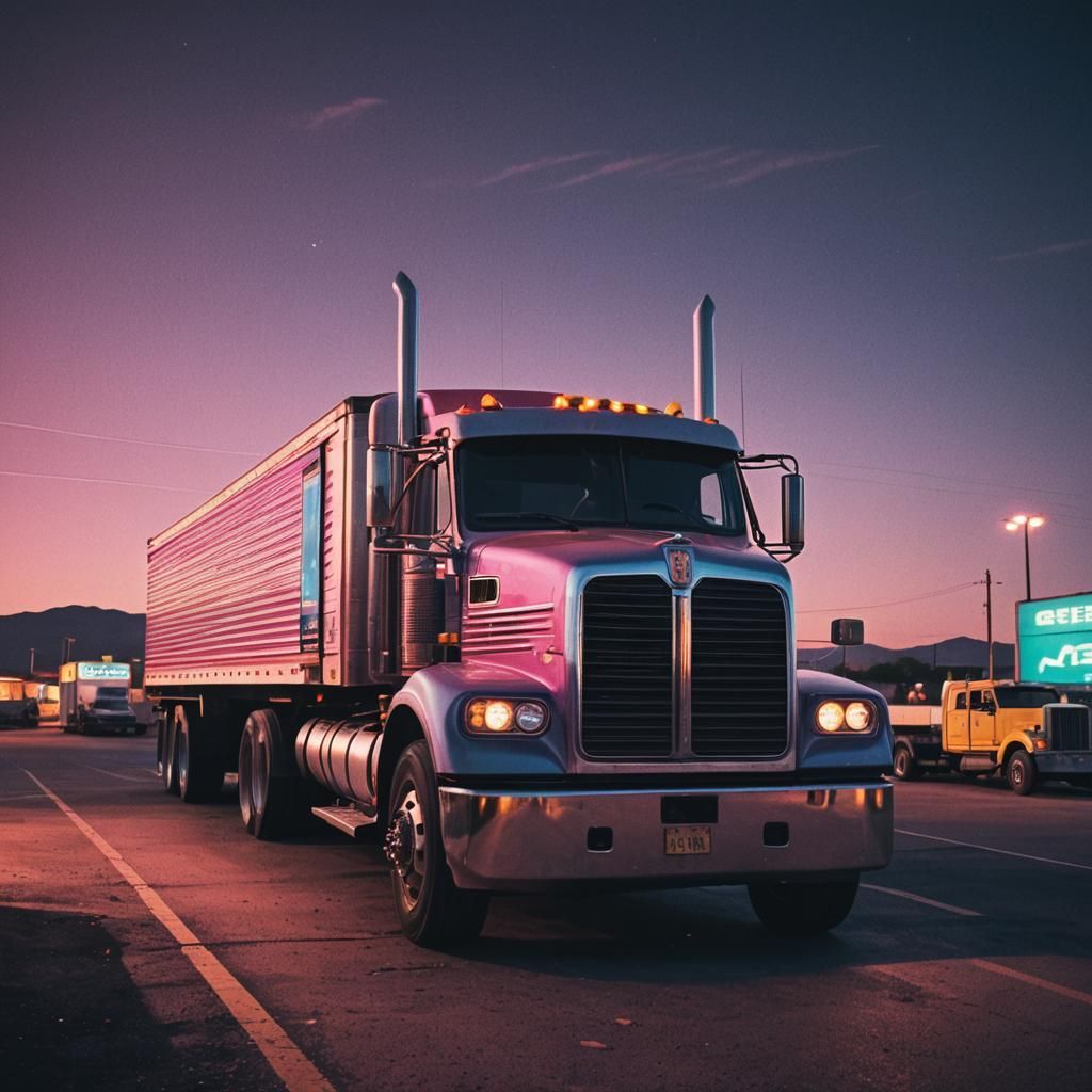 A semi truck parked at a truck stop synthwave neon retro syn...