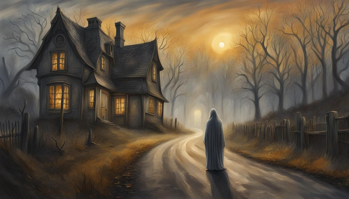 a ghostly figure in a haunted village  by @skeller