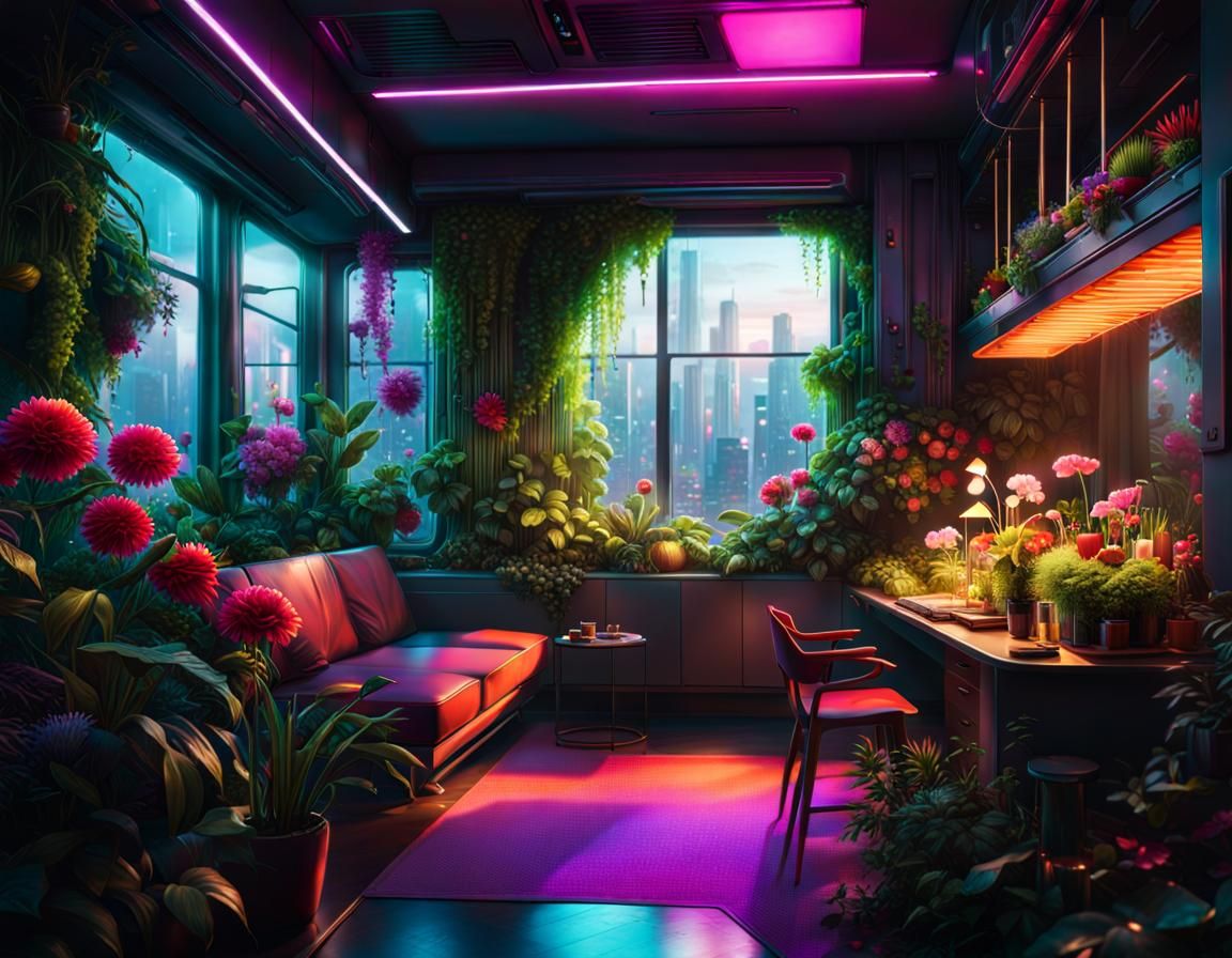 Overgrown Neon Apartment - AI Generated Artwork - NightCafe Creator