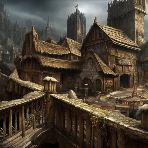 Cinematic fantasy landscape, realistic medieval run down village, amazingly hyperdetailed, Epic