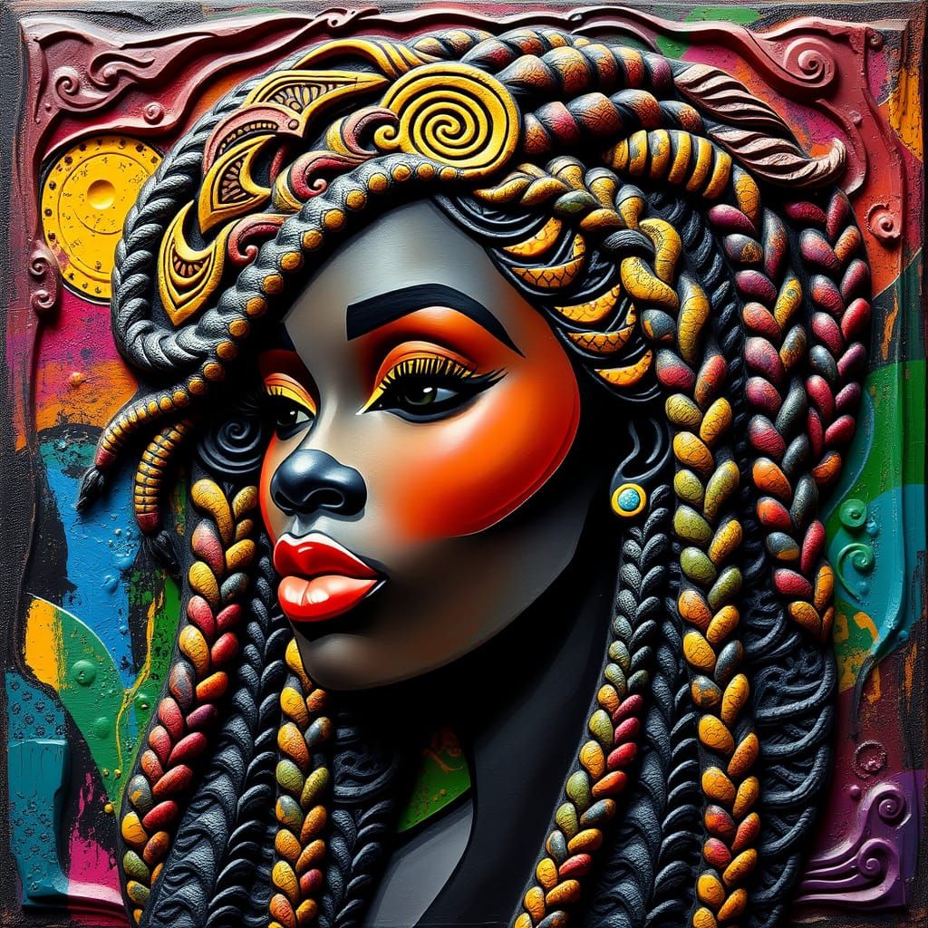 Elegant Black Woman in Vibrant Embossed Relief