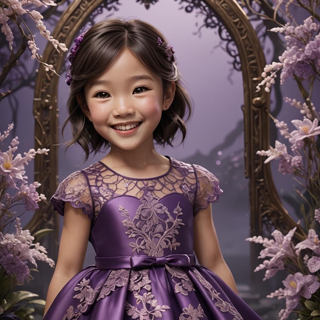 Toddler girl Asian brown hair smile lace satin party dress p...
