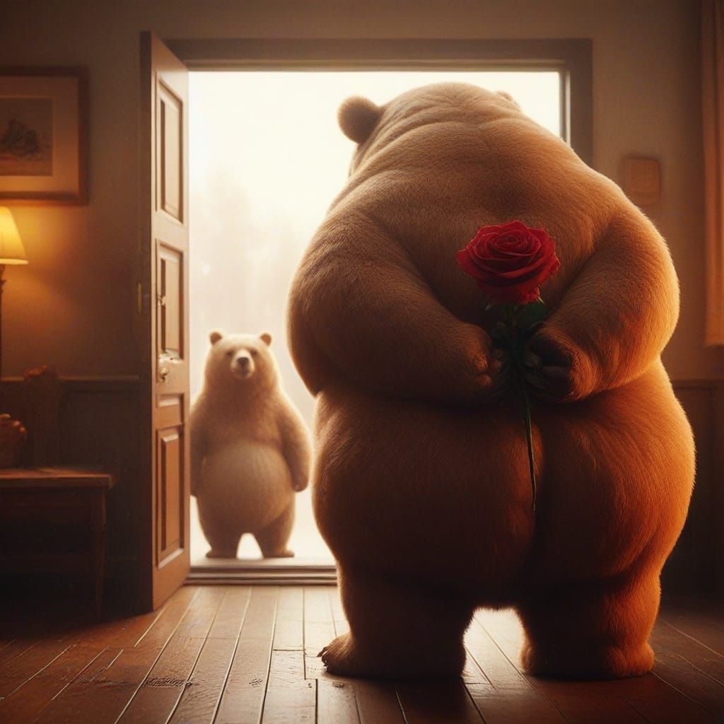 An obese Bear with his back to the camera, facing the door, paws behind him, clutching a bright red rose; another Bear standing at the door ...