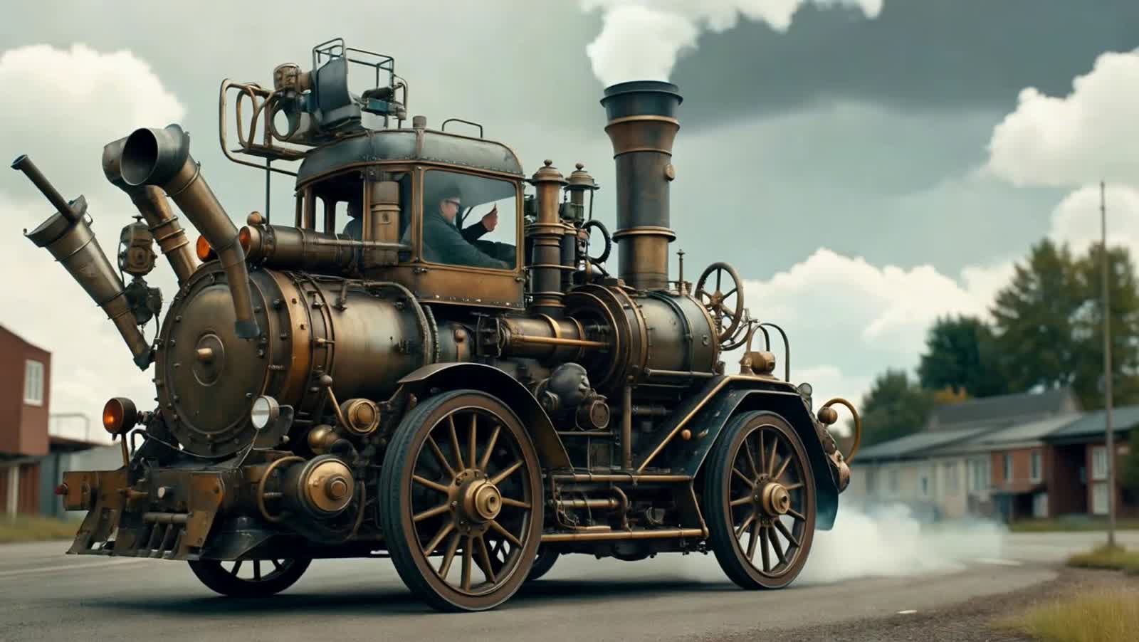 A steampunk clockwork vehicle with a full cabin for a driver. Steam rising from tailpipes.