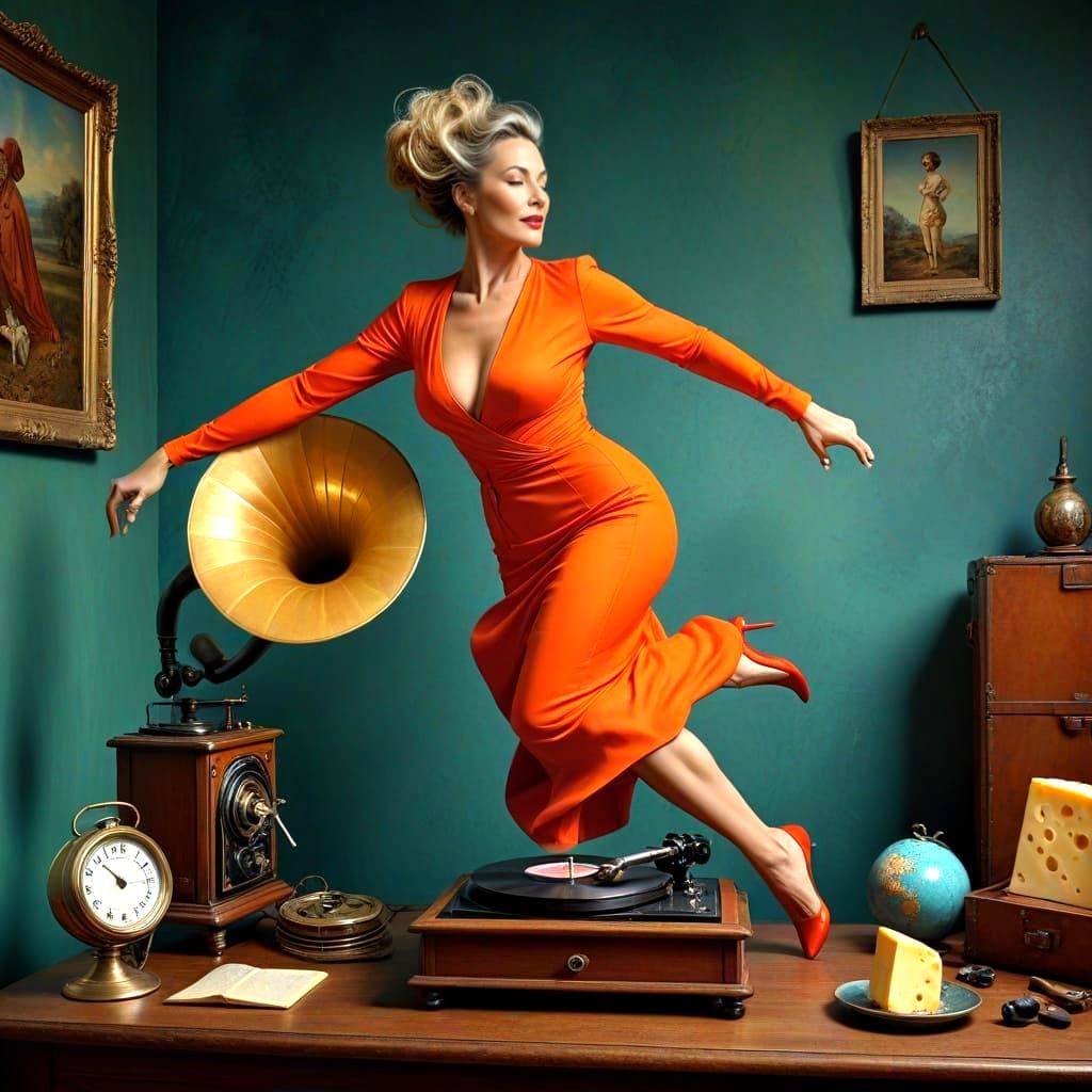 Elegant Lady in Dynamic Surrealistic Scene