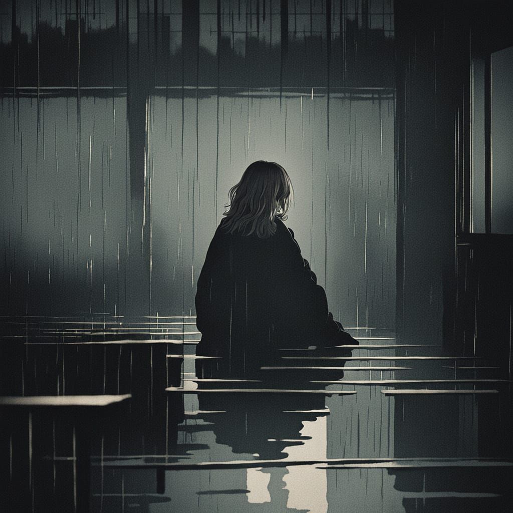 Surreal Japanese Girl in Rainy School Classroom