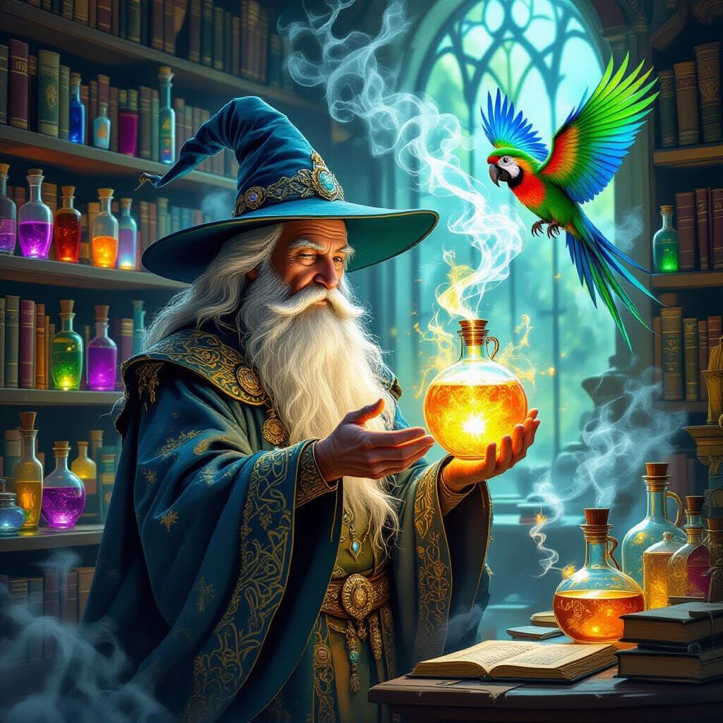 An ancient wizard in colorful robes holds a glowing potion, surrounded by shelves of mystical bottles. ...  by @Monaj