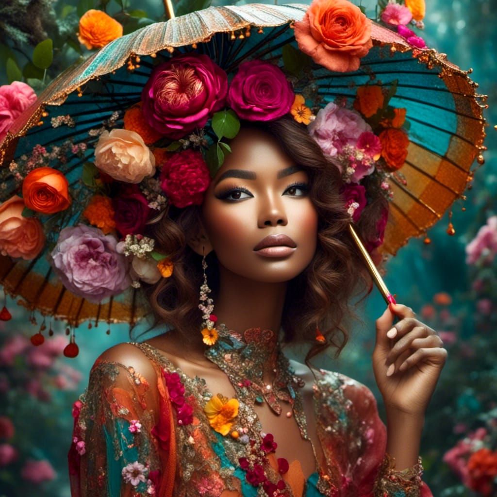 The image depicts a woman <lora:Aura:1.0> adorned with vibrant flowers, creating a striking and ethereal appearance. She holds a large umbre...
