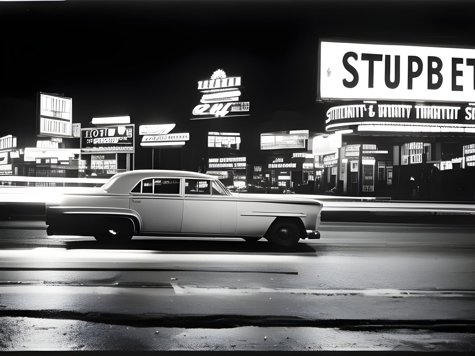 black and white vintage photo of gritty 1970's Ney York city street intersection at night with stoplights, ...  by @Dooboofay