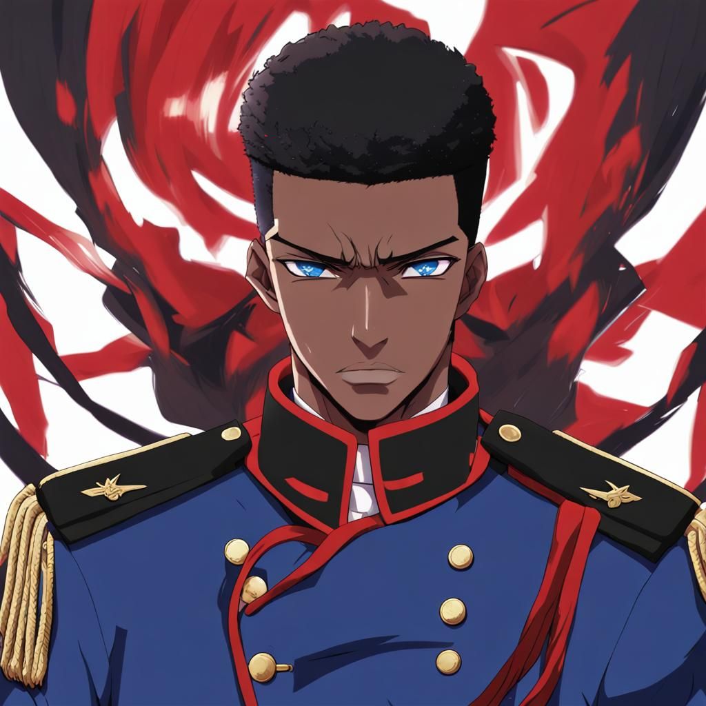 Stern African Man in Anime Style Military Uniform