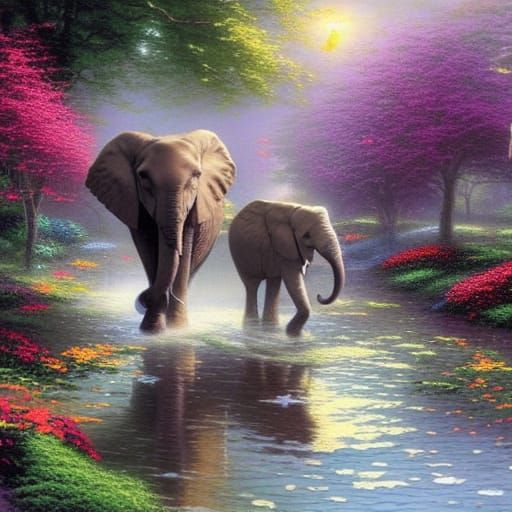 Two Elephants In Flower Garden