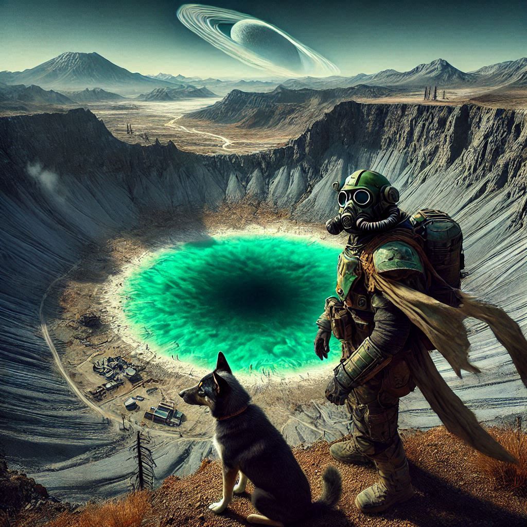 Survivor with dog in front of crater lake