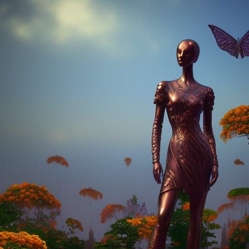 Bronze mannequin in a garden of silver citruses and digital ...