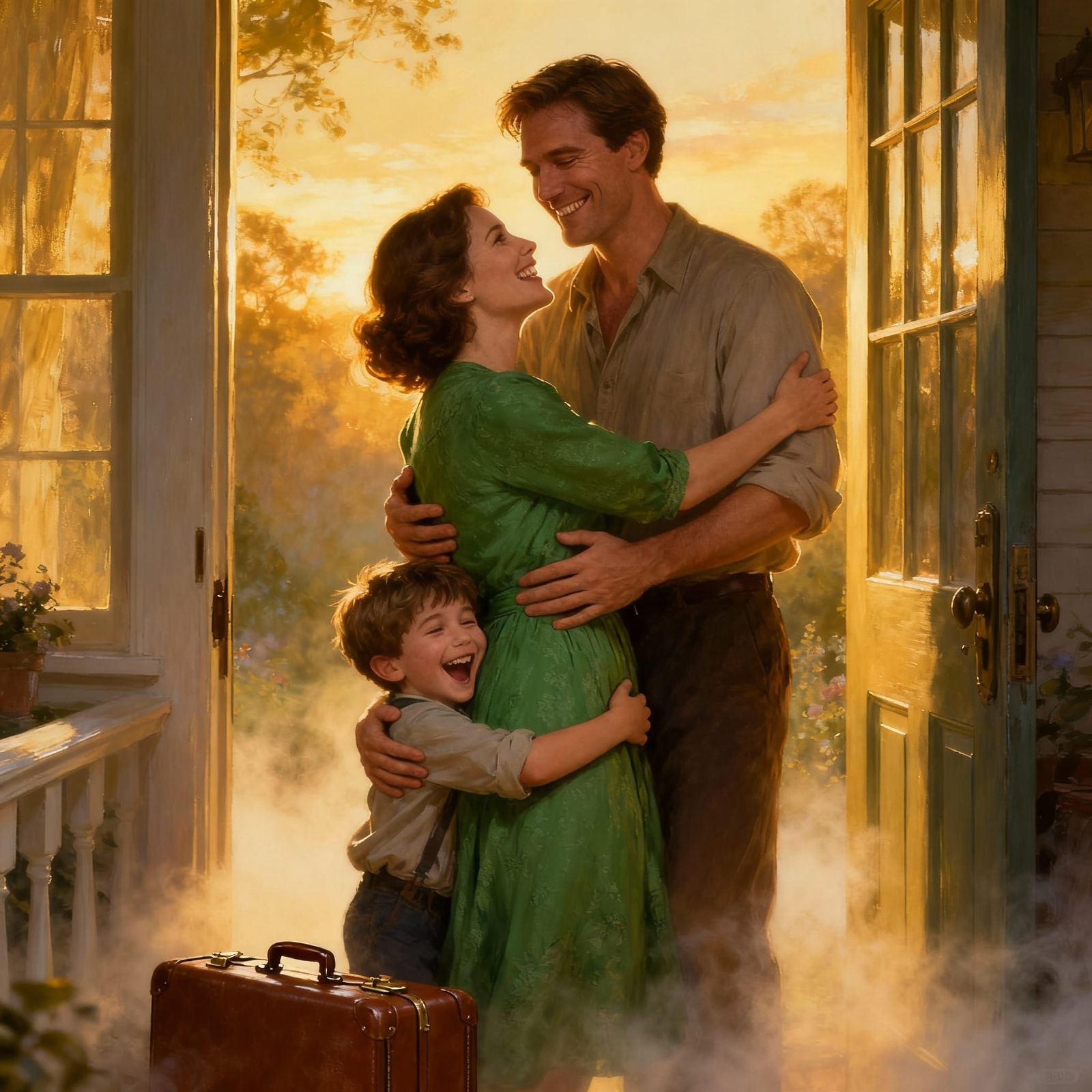 A joyful reunion at the doorstep of a cozy home. The man stands in the open doorway, smiling warmly as ...  by @Likvi