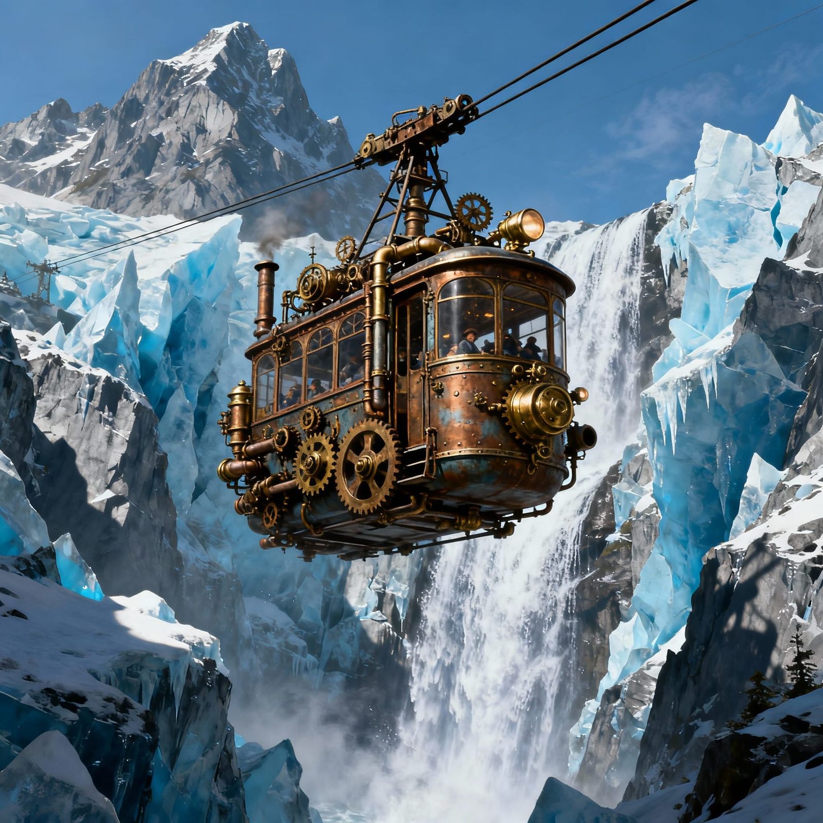 Swiss Alps adventure. A whimsical, steampunk-inspired cable car soaring high above jagged, icy cliffs ...  by @Gom