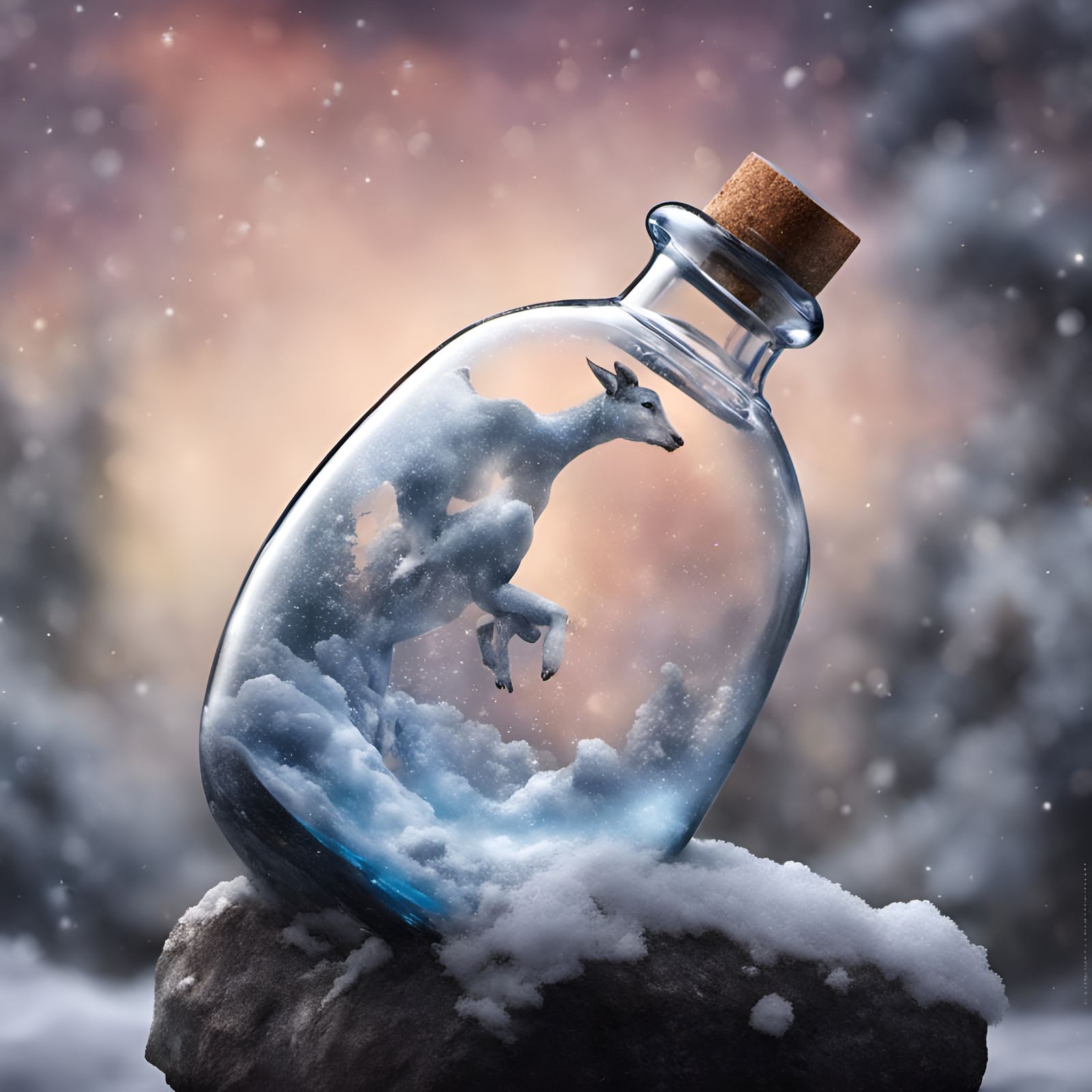 Monolithic, clear bottle with  pixie inside sleeping on rock...