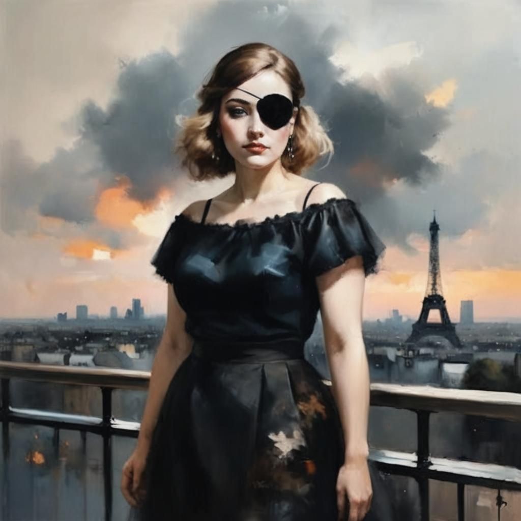 Detailled oil on canvas portrait of gorgeous young French woman wearing black dress and eyepatch 