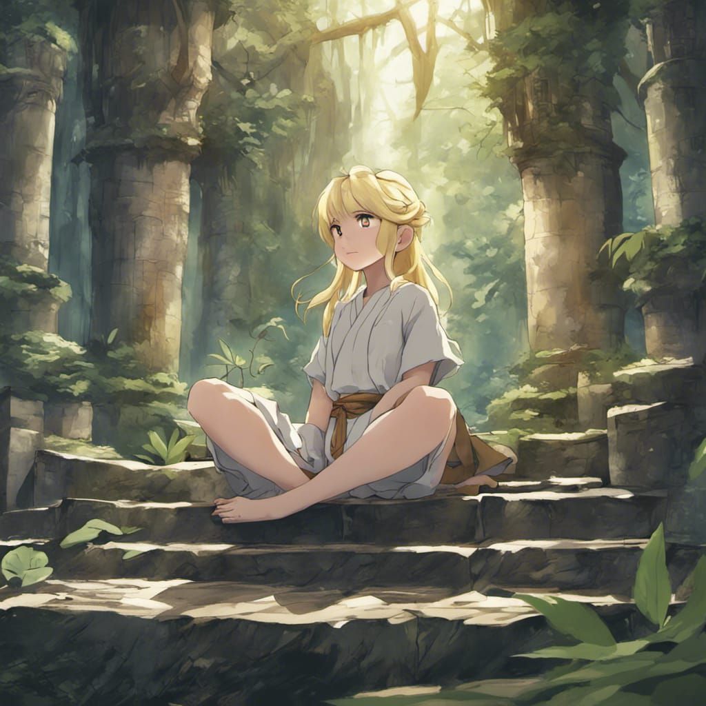 Blonde Meditating at Ancient Jungle Ruins