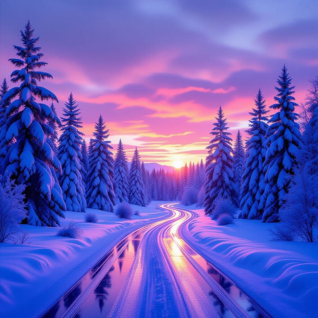 Winter Forest Road at Sunset in Digital Art Style