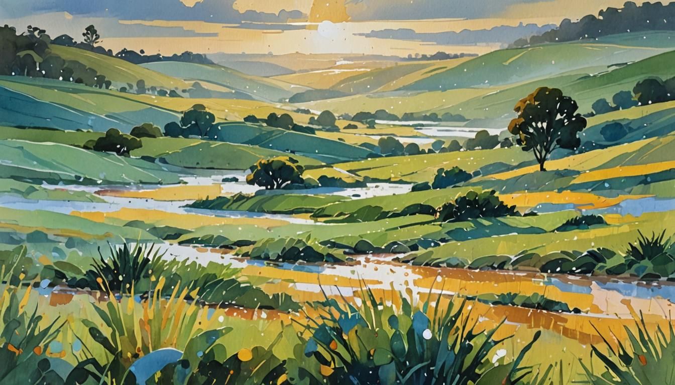 Watercolor drops creating a landscape of a wide countryside.