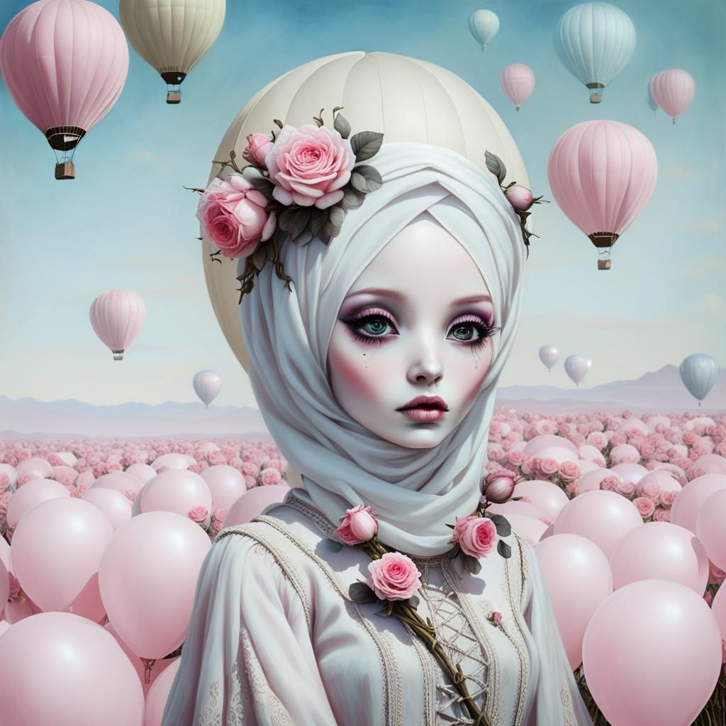 a painting of a little young doll with pink roses on her head, natalie