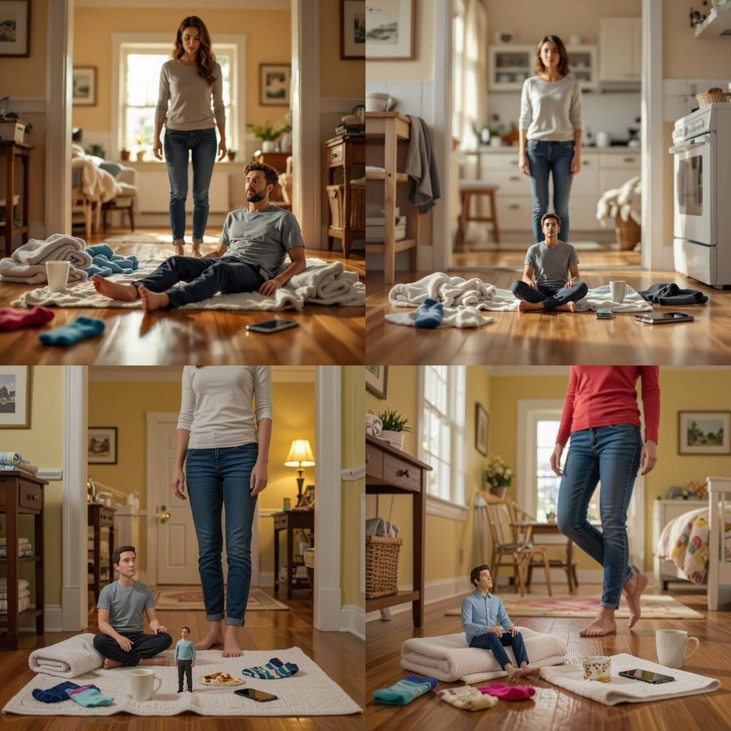 Tiny Man Gazes Up at Giant Woman in Realistic Home