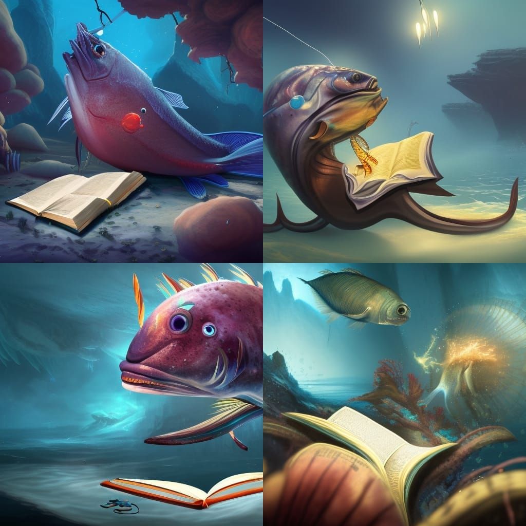 Deep sea fish wearing an earpiece and reading a book