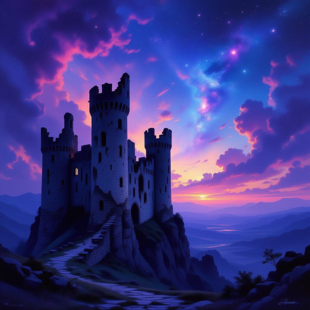 An ancient, crumbling castle silhouetted against a