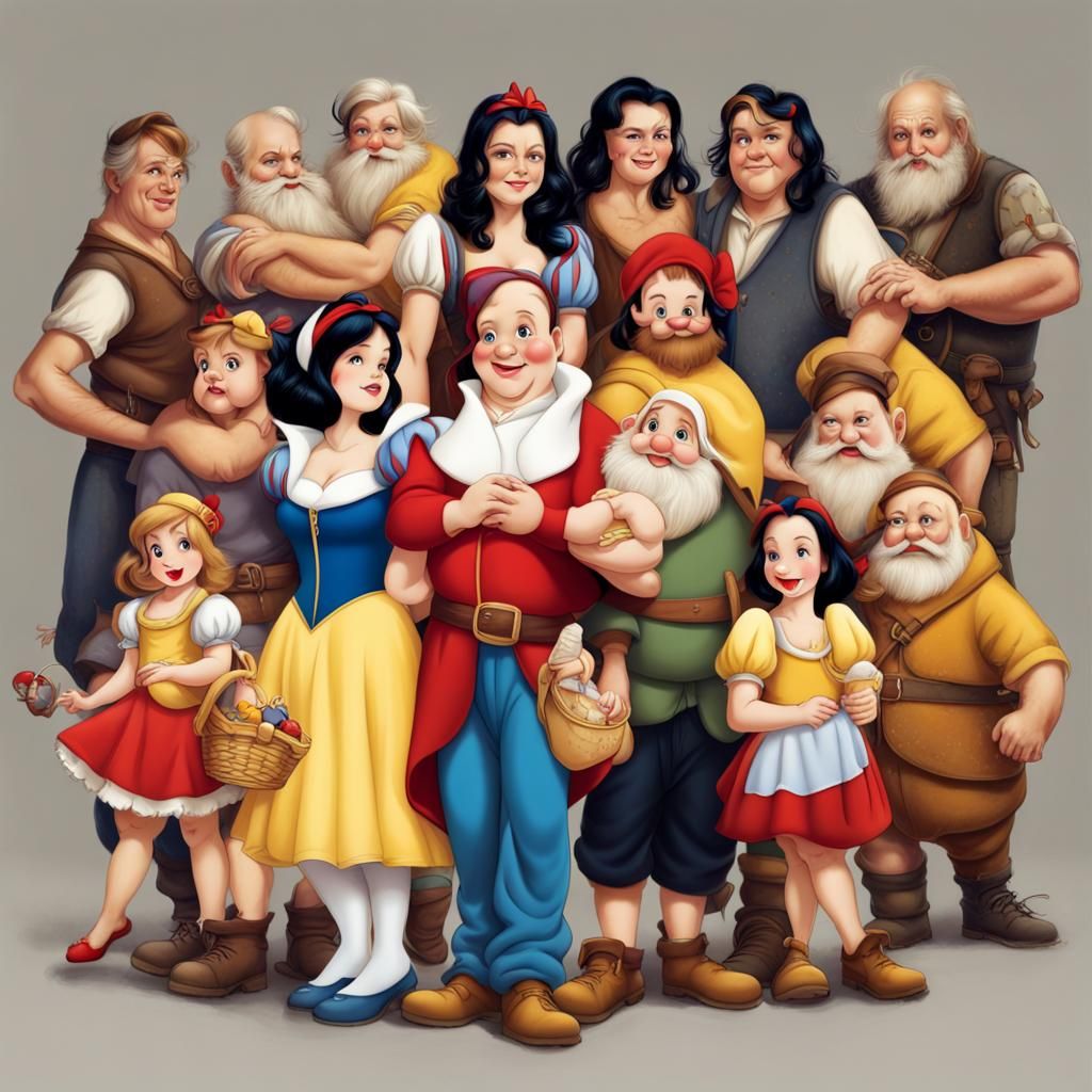 Modern day snow white princess and 7 dwarfs - AI Generated Artwork ...