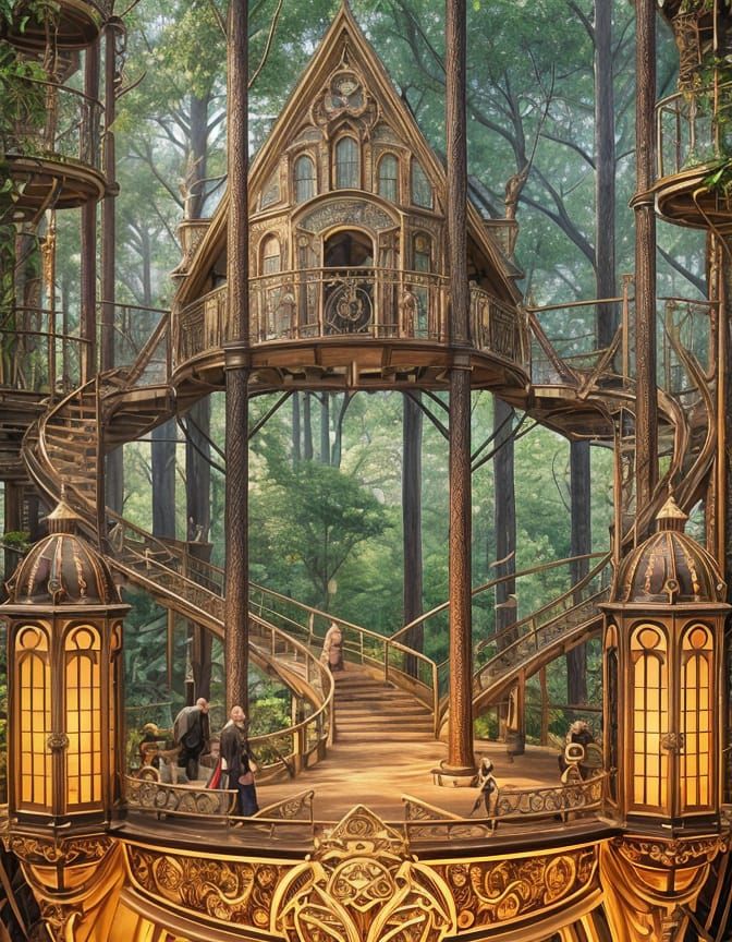 A complex professional treehouse, steampunk, rococo, Fantasy illustration with metallic and intricate details. Majestic and surreal atmosphe...